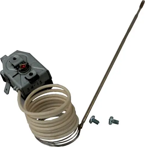 Rauchgasthermostat mit Servoklappe, gefertigt für den Einsatz in Heizsystemen, einschließlich der Wolf-Modelle BVG-23 und BVG-30, abgebildet mit Anschlusskabel und Schrauben.